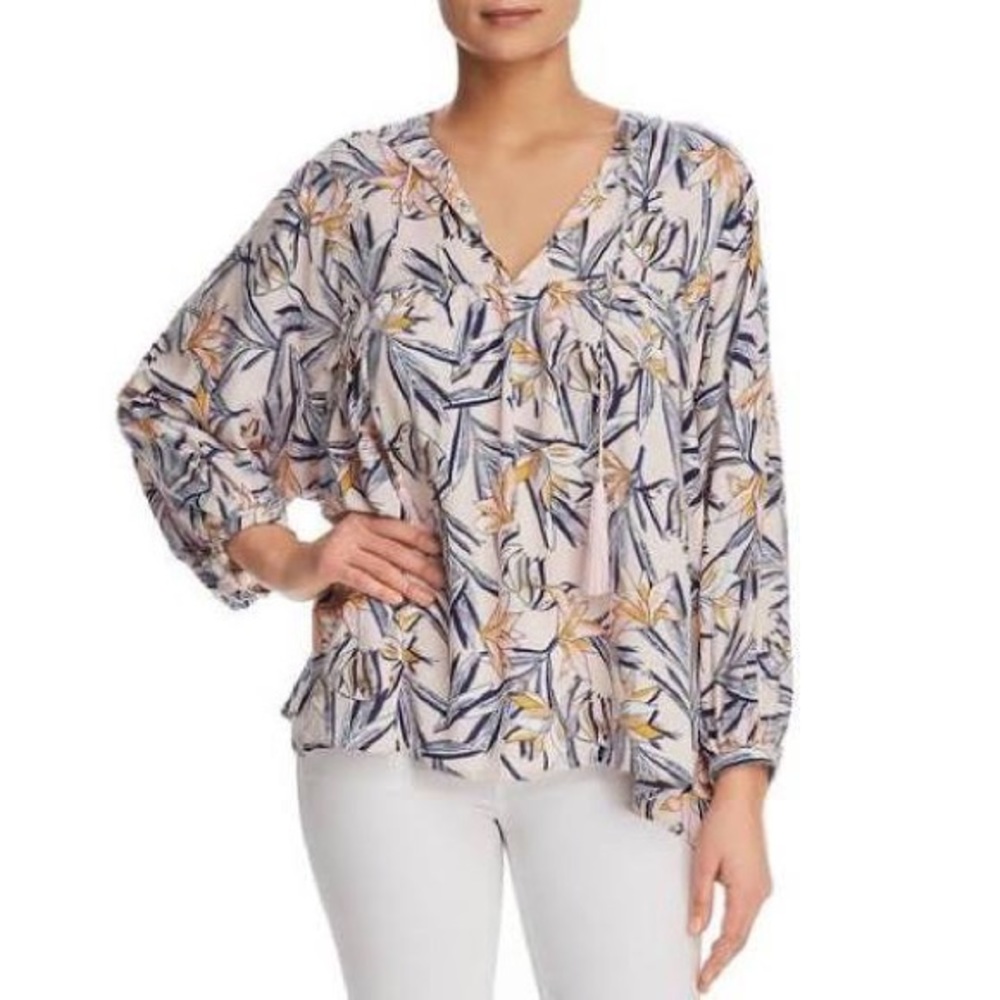 FINN & GRACE Tassel Tie Tropical Botanical Floral Resortwear Peasant Boho Blouse